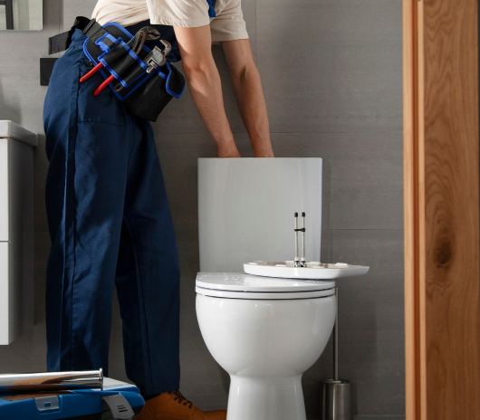 E. W. Tompkins Plumbing technician working on installing new toilet